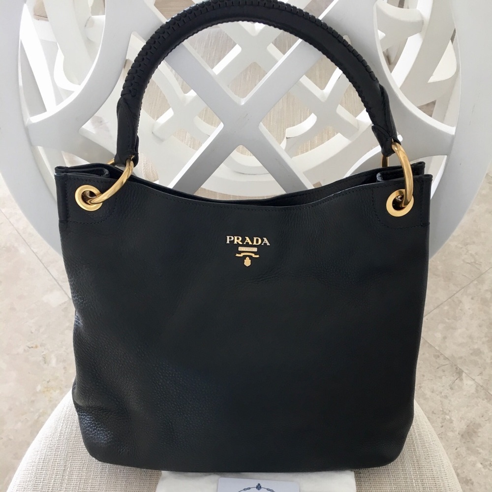 Prada Vitello Daino Hobo Black Brandy